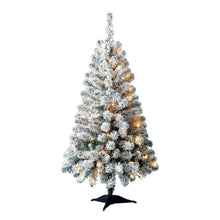 Artificial flocked Christmas tree with clear LED lights and dark plastic stand