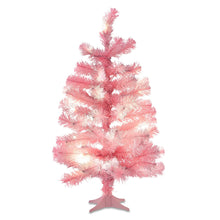 Pink artificial Christmas tree with warm white LED lights and tripod stand