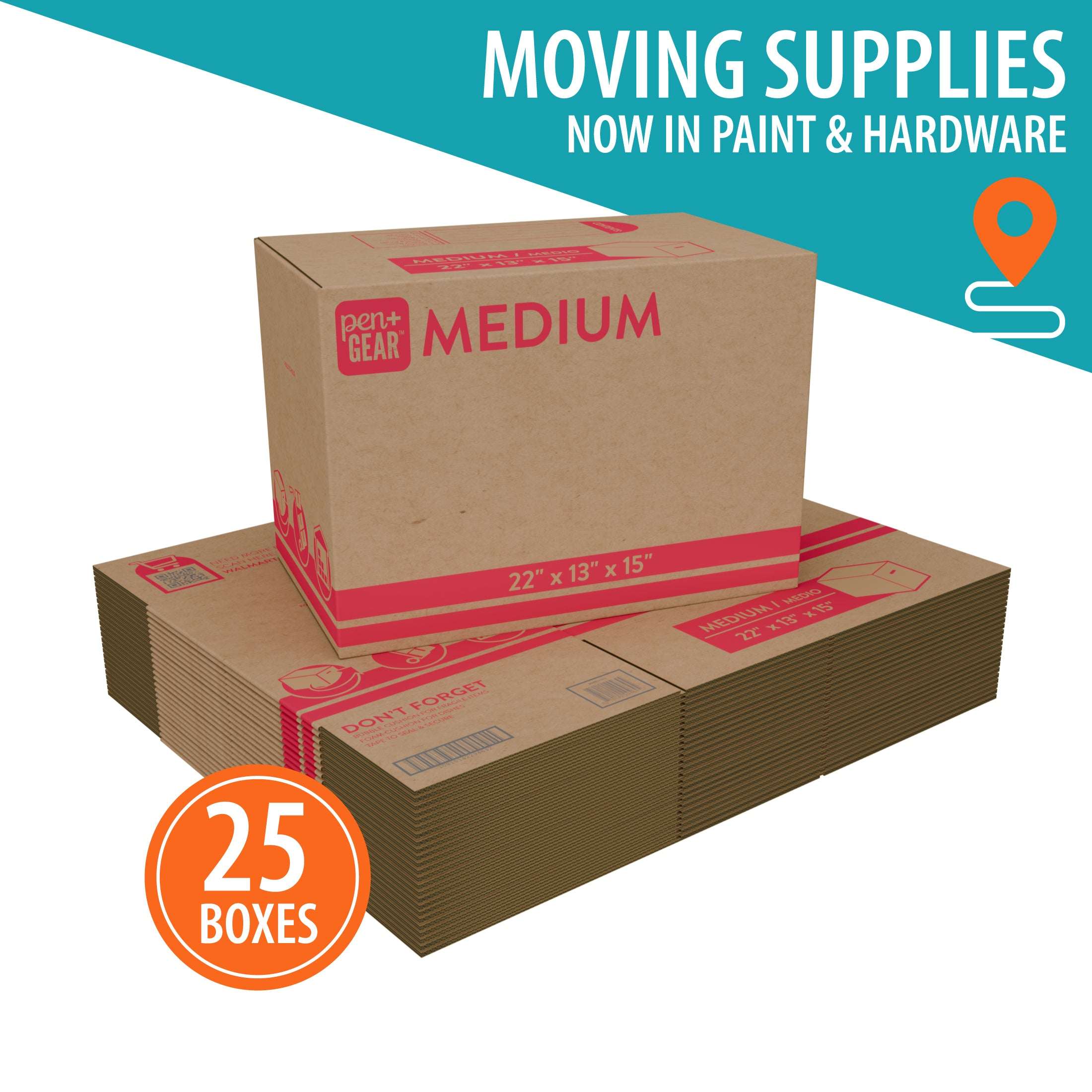 Pen+Gear Medium Moving Boxes, 22 in. L x 13 in. W x 15 in. H, Kraft