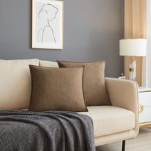 Brown linen square throw pillows on a sofa, shown in a living room