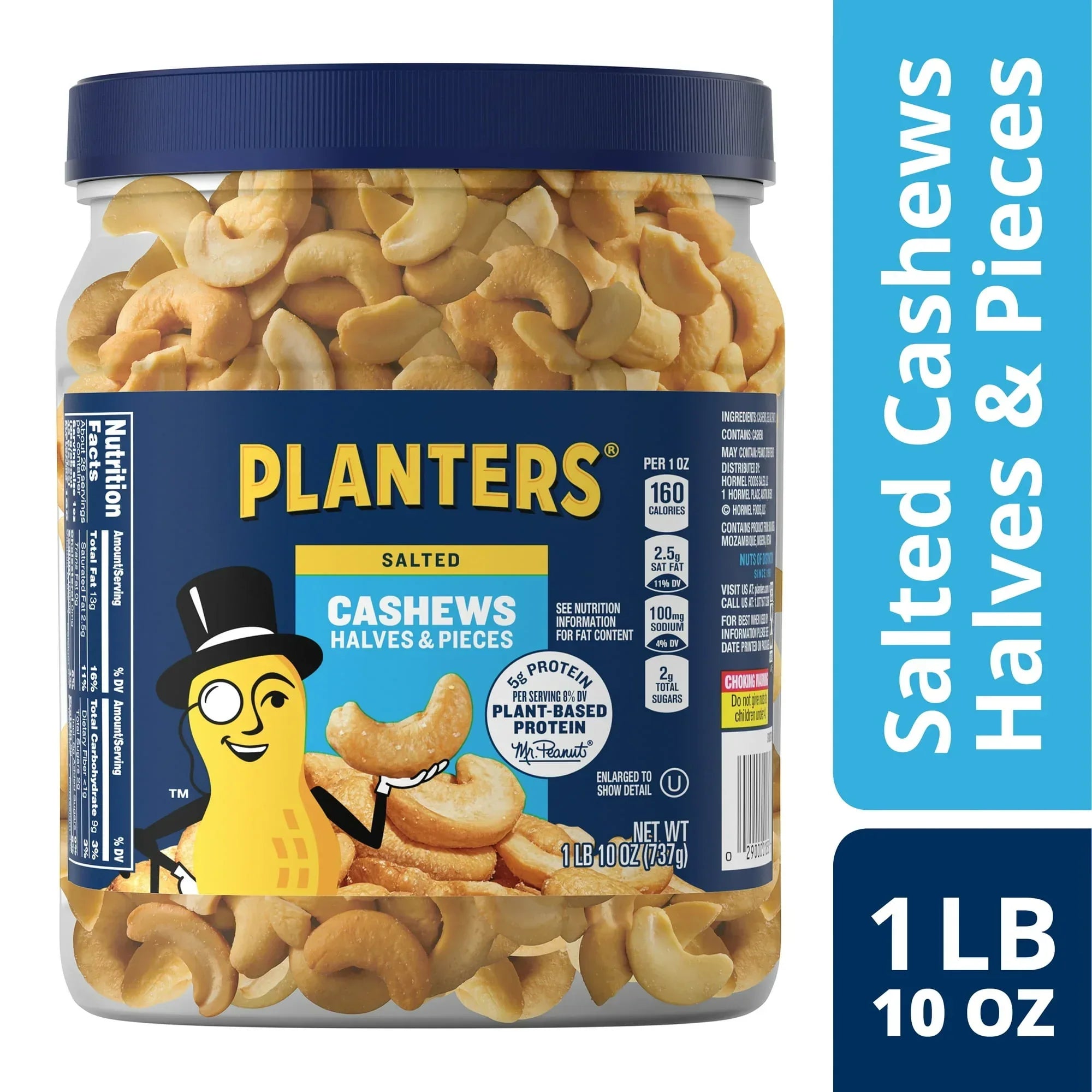 PLANTERS Salted Cashew Halves and Pieces, Party Snacks, Plant-Based Protein, 26 oz Canister