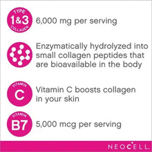 Neocell collagen formula info: 6,000 mg per serving, vitamin C and B7