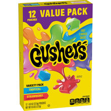 Gushers 12 value pack box with tropical and strawberry fruit flavored snack variety