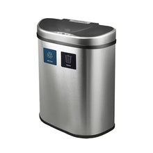 Stainless steel sensor recycle bin with black lid and blue recycle/trash label panels