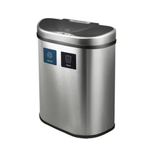 Stainless steel sensor recycle unit with black lid and recycle/trash label panels