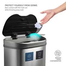 Stainless steel touchless recycle bin with open lid and blue recycle/trash labels