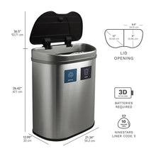 Stainless steel recycle bin with open lid and measurement callouts