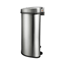 Tall stainless steel sensor trash can with black base and hinged lid