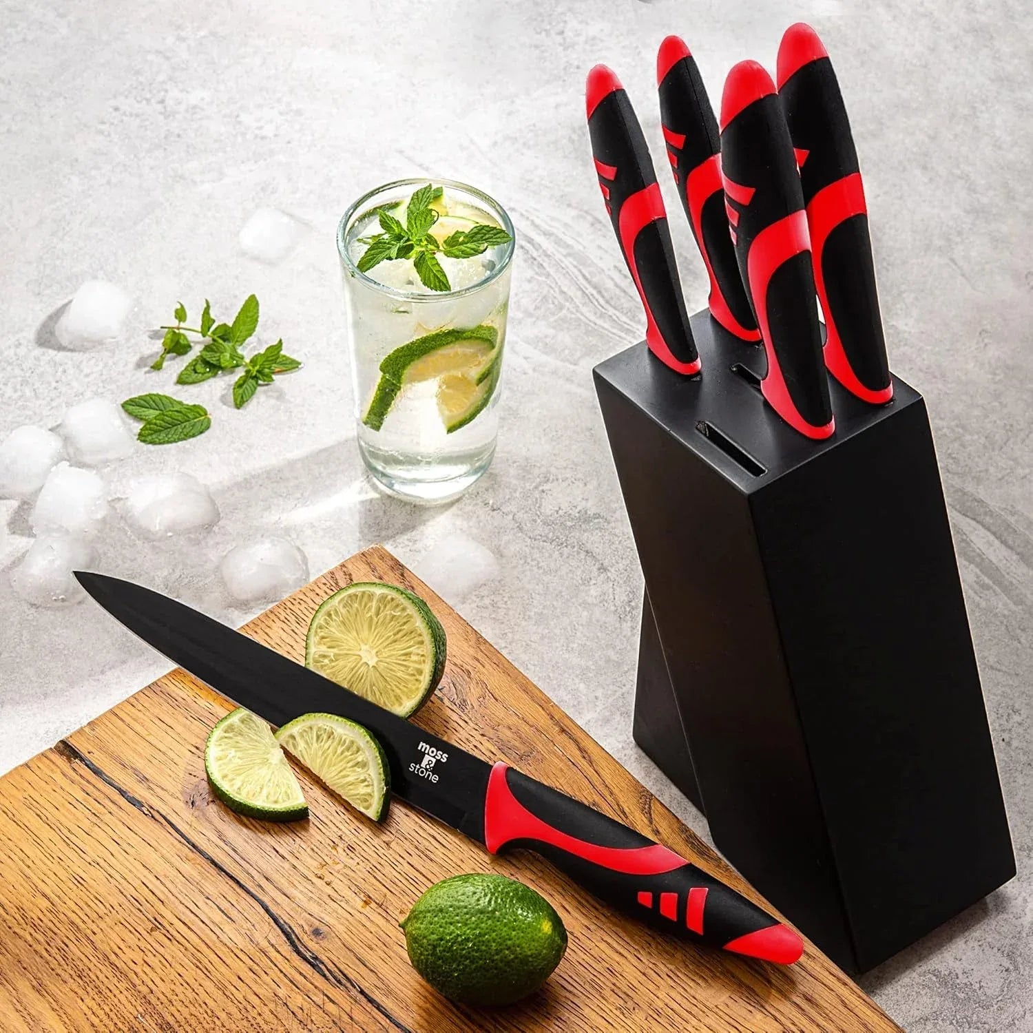 Moss & Stone Professional Kitchen Knife Chef Set, Small Knife Set With Block, Black Titanium Plated Kitchen Knife Set, Stainless Steel Scratch Resistant & Rust Proof Sharp Kitchen Knives. - USA MEGA SHOP