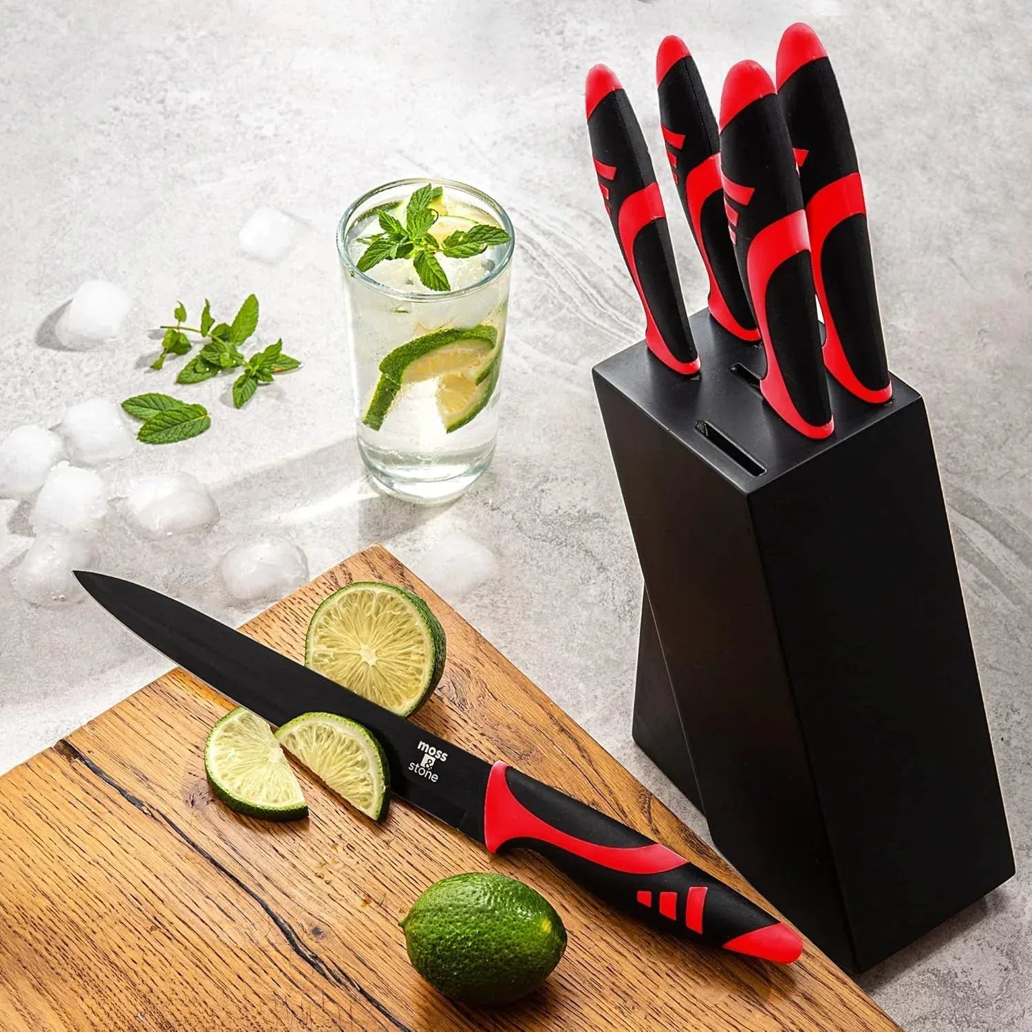 Moss & Stone Professional Kitchen Knife Chef Set, Small Knife Set With Block, Black Titanium Plated Kitchen Knife Set, Stainless Steel Scratch Resistant & Rust Proof Sharp Kitchen Knives.