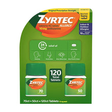 Cetirizine allergy tablet box with 24-hour relief and 120 total tablets