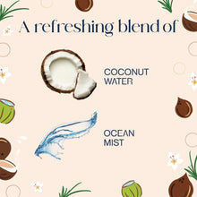 Glade coconut water & beach grass scent imagery with ocean mist graphic