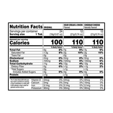 Pringles Snack Cups nutrition facts panel for Original, Sour Cream & Onion, Cheddar