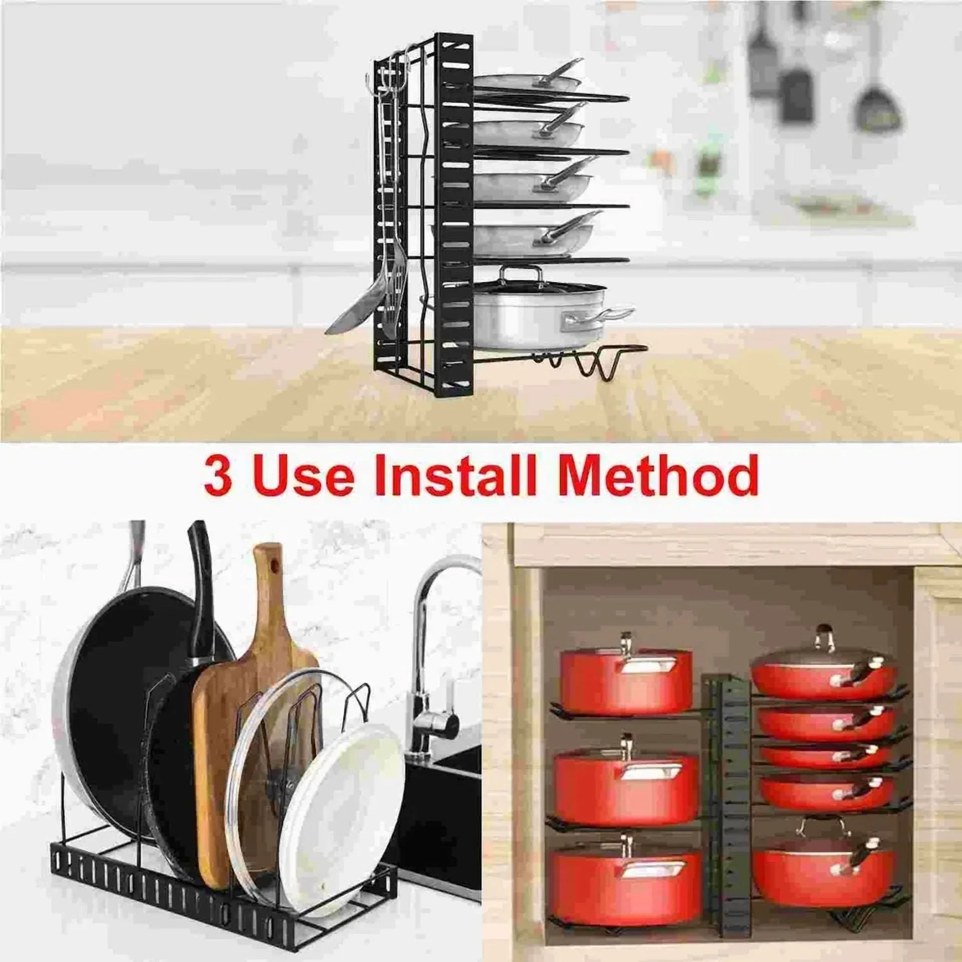 8-Tier Pots And Pans Organizer Holder Metal Kitchen Cabinet Organization Storage