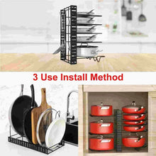 Metal pot organizer rack with front arms, shown above a cabinet with cookware