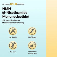 NMN label panel with icons: No GMOs, No Gluten, No Soy, Suitable for Vegetarians