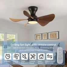 Ceiling fan with light and remote, black housing, five brown blades, illuminated lamp