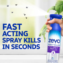 Hand holding Zevo insect killer spray bottle with fast-acting nozzle