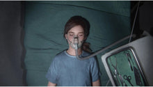 PlayStation 5 game screenshot: woman wearing a face mask in a dim room