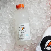 Clear white Gatorade Frost Thirst Quencher bottle with orange cap and front label