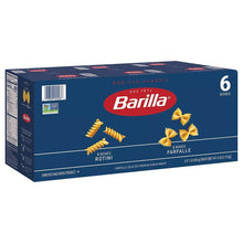 Pasta box side view with Barilla logo, rotini and farfalle, 6 boxes