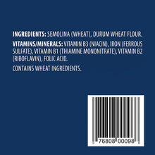 Pasta box nutrition and barcode panel with ingredient text on blue background
