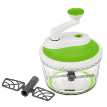 Two-speed chop and whip food processor with green top and clear bowl plus blade attachments