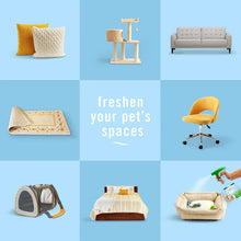 Fabric refresher for pet spaces collage with spray bottle, pet bed, and furniture