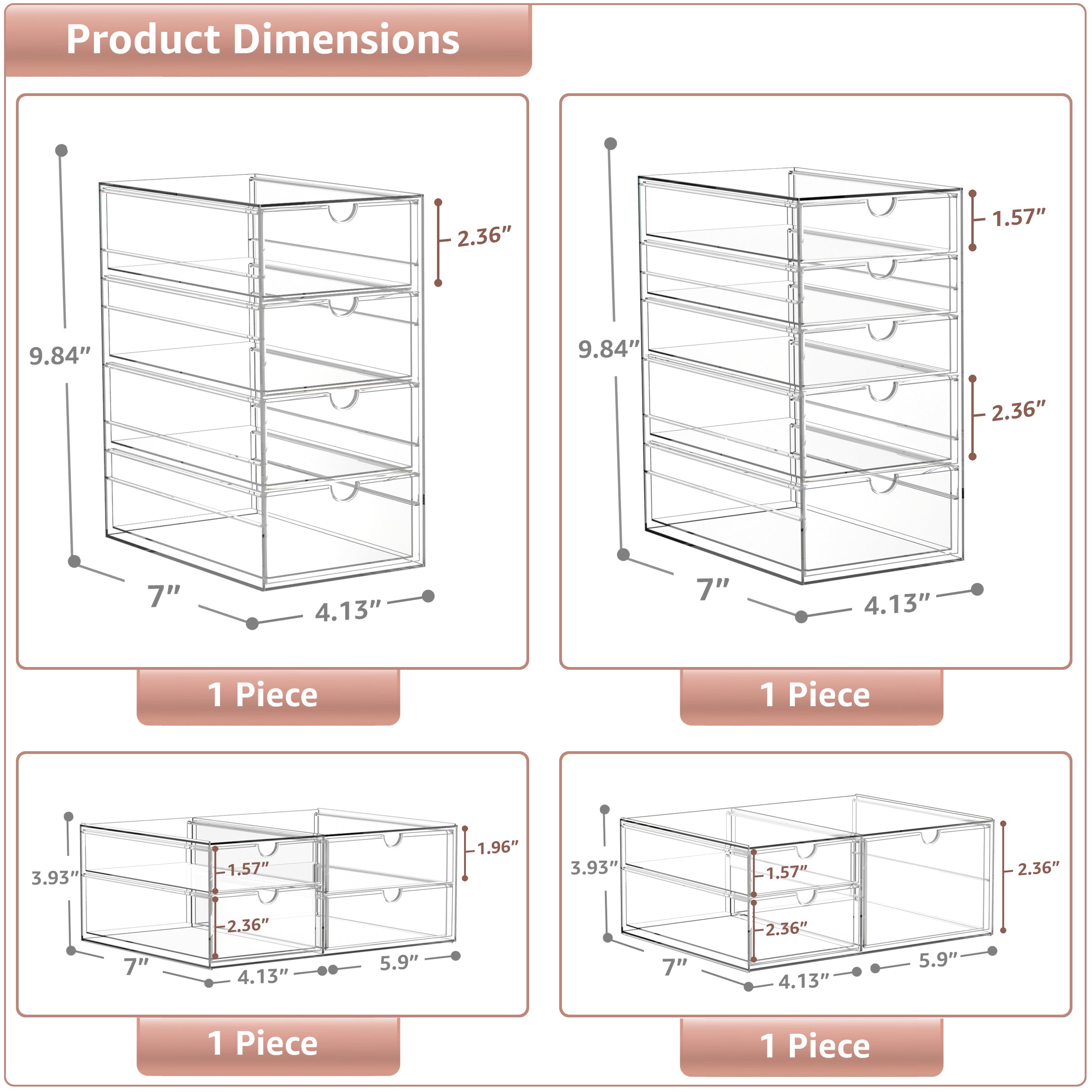 Sorbus Clear Acrylic Makeup Organizer, 4-Piece Stackable Storage, 16 Drawers