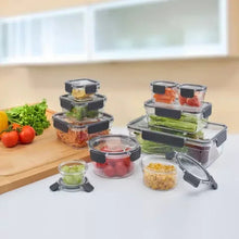 Tritan food storage containers with clear lids and black latches, multiple sizes
