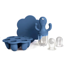 Blue octopus feeder teether with silicone tray and three clear feeding caps