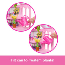 Pink garden shelf playset with tilting watering can and potted plants inside