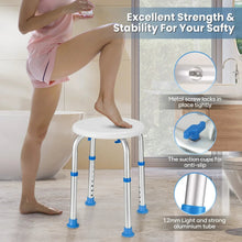 Adjustable blue shower stool with round seat and rubber tips, shown in a bathroom