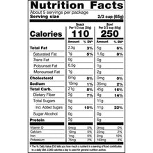 Nutrition Facts label for granola snack: 110 calories per snack (30 g).