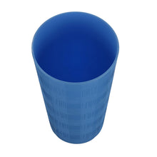 Blue plastic tumbler with etched checkered pattern, open top