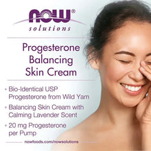 Progesterone balancing skin cream promotional card with smiling woman and key benefits