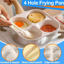 4-hole nonstick frying pan with wooden handle and individual egg wells