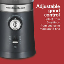 Electric coffee grinder front panel with medium-to-fine grind setting dial