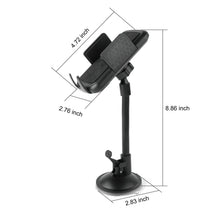 Universal phone car mount with adjustable arm and suction base, shown with size diagram