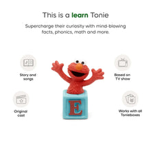 Elmo audio figurine with blue base and letter E, surrounded by feature icons.