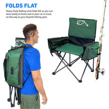 Green folding fishing chair with seat cover and attached rear storage backpack