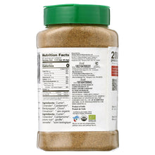 Organic garam masala powder bottle back label with nutrition and ingredients text