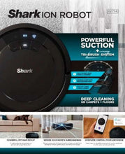 Robot vacuum on marketing panel with suction callout for carpets and floors