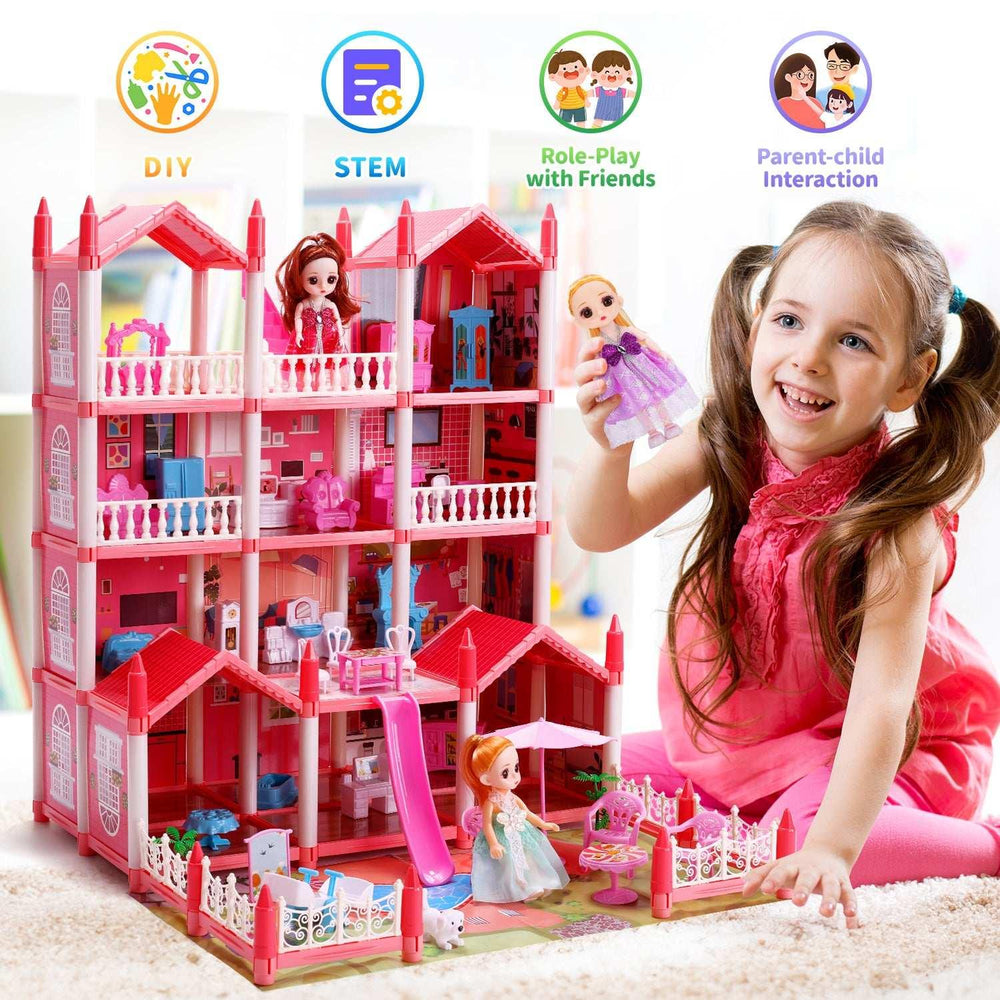 JoyStone Play Dollhouse with Doll Toy Figures, 14 Rooms Furniture and Colorful Lights, Creative Doll House Gift for Girls Ages 3+, Assemble Required, Pink - USA MEGA SHOP