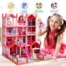 Pink dollhouse playset with accessories, plus a child holding a doll figure