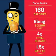 Nutrition facts panel with calories, sodium, sugar, and sat fat for 1 oz serving