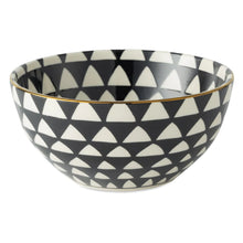 Black-and-white ceramic serving bowl with repeating triangle geometric pattern