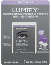 Redness reliever eye drops multi-pack carton with two bottles and 0.025% label