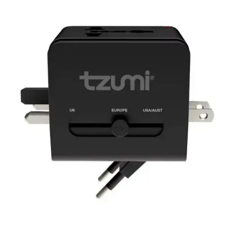 Tzumi Universal Travel Adapter with USB-C and Dual USB-A Ports - Black