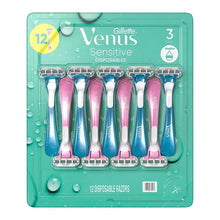 Gillette Venus disposable razors pack, 12-count, pink and blue cartridges.
